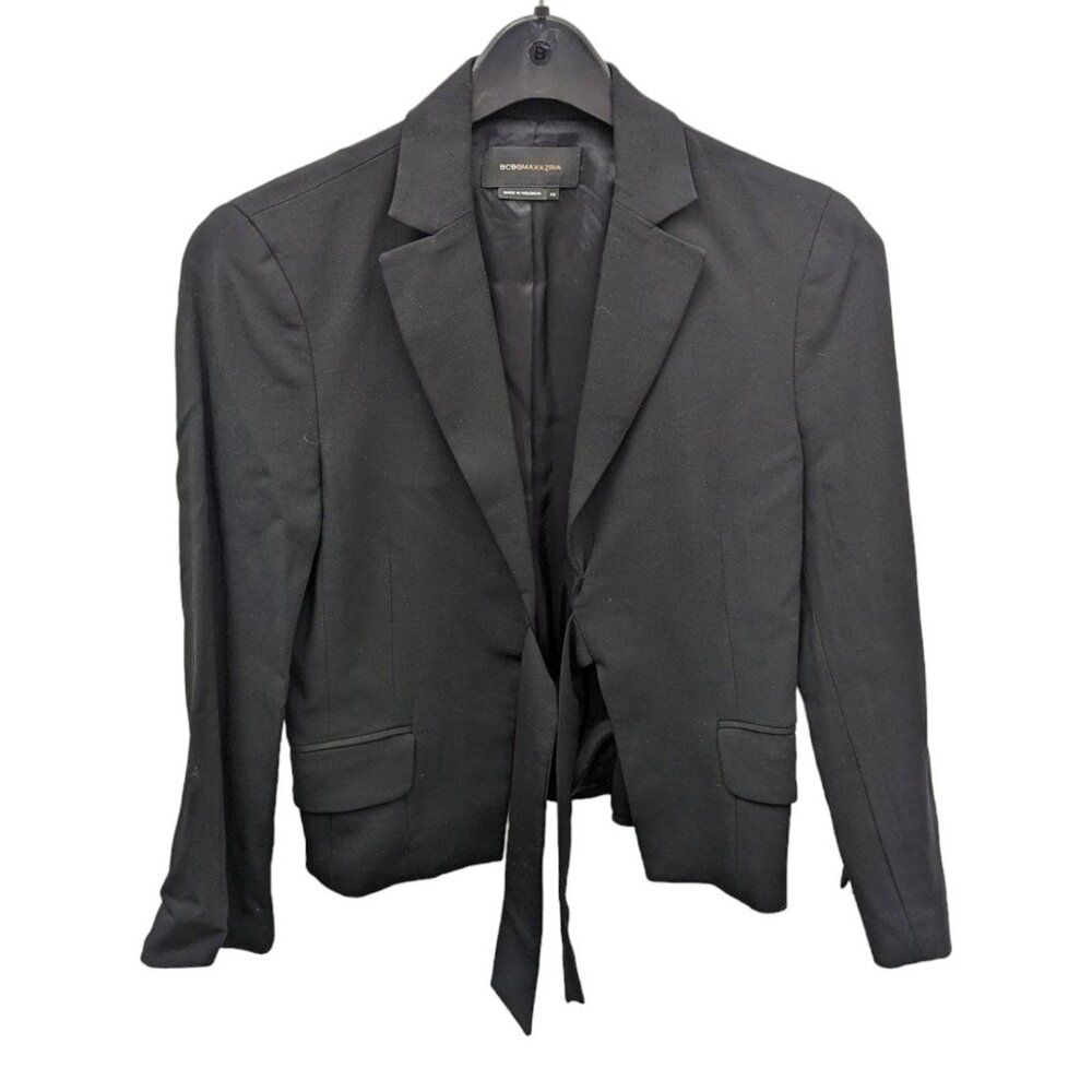 BCBG MAX AZRIA Y2K Tie Front Crop Blazer Jacket Notch Lapel Lined Black Size XS
